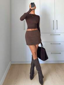 Siren Gaze Damen braune Cord A-Linien Midi-Rock, Herbst/Winter - Braun - Übersicht 5