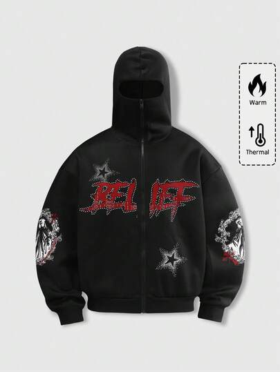 Street Life Sweat-shirt à capuche zippé à manches longues avec imprimé lettres pour hommes