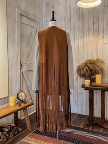 Wildy Autumn/Winter Sleeveless Long Black Fringe Boho Style Casual Jacket For Women Western Tops