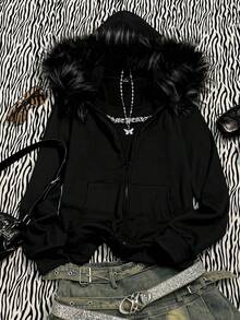 Attitoon 女士休闲复古前拉链毛领连帽卫衣，适合秋冬季穿着 - 黑色 - 查看 8