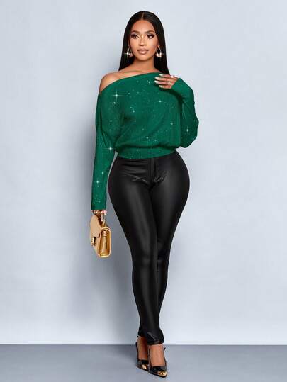 SOLERSUN Autumn And Winter Women's Wear, Casual Everyday, Elegant Commuter, Party, Apricot Color, Glitter Sequin Knit Fabric, Drop Shoulder Long Sleeves, Off-Shoulder Asymmetrical Neckline Top Green