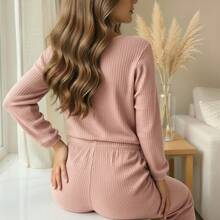Conjunto de 2 piezas de pantalón y blusa de manga larga de cuello redondo de unicolor, de punto jacquard, holgado y casual para mujer, ropa de otoño e invierno - Rosa - Ver 3