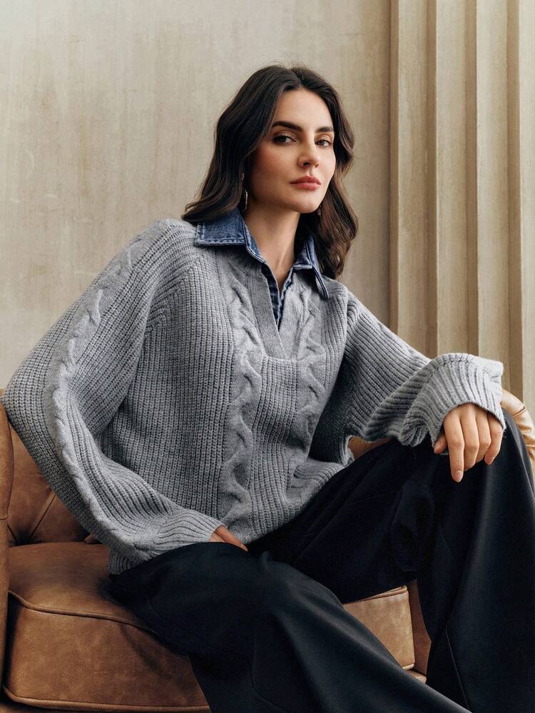 Women's Modern Gray Knit Polo Neck Pullover Sweater