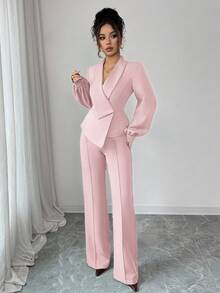 Elenzga Ensemble femme élégant et décontracté pour le travail, les vacances, le thé de l'après-midi. Comprend un blazer asymétrique à col croisé avec manches lanternes et un pantalon évasé à taille élastique. Convient pour le printemps, l'automne et l'hiver. - Rose pâle - Voir 6