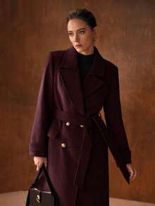 MOTF PREMIUM ABRIGO LARGO AJUSTADO CON CINTURÓN, CUELLO DE SOLAPA, DOBLE BOTONADURA Y PLIEGUE DELANTERO PARA OTOÑO/INVIERNO - Burdeos - Ver 3