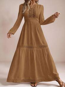 Freevana Plus Size Solid Color Lace Patchwork Ruffle Hem Long Sleeve Dress - Khaki - View 3