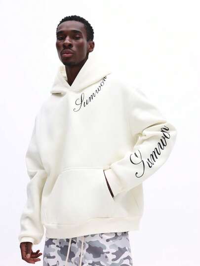 SUMWON Oversized White Pullover Hoodie With Drawstring Black Text Script Long Sleeve Centre Pocket Casual Streetwear Sweatshirt Winter Cozy
