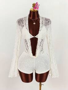 Amplova 女士深V领喇叭袖性感连体衣套装（含文胸） - 杏色 - 查看 1