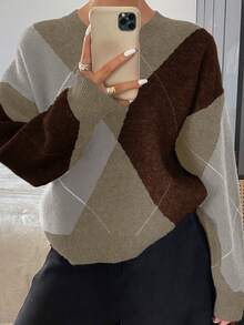 DAZY 女士格子宽松长袖圆领毛衣 - 杏色 - 查看 3