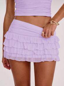 SHEIN BAE 女士休闲度假风纯色层叠荷叶边低腰半身裙，夏季 - 淡紫色 - 查看 8