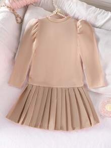 SHEIN Abito lungo con maniche lunghe, collo tondo, decorazione a fiori bianchi e fondo plissettato, comodo e alla moda, adatto per autunno/inverno, per ragazze giovani - Albicocca - Visualizzare 2