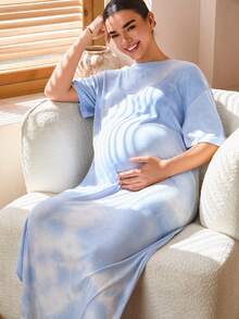 SHEIN Tie-Dye Drop Shoulder Casual Maternity Dress Lingerie Lingerie Set Underwear Women Pajama Pajama Dress Loungewear Nightgown Robe Sleepwear Sleepwear Set Tank Top With Bra Maternity Gown Baby Blue Maternity Dress Pregnant Dress Gender Reveal Maternity Dress Sleep Wear Women Maternity Clothes Maternity Wear Sleepwear Women - Blue - View 5