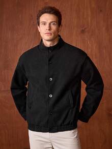 Officeau 男士高品质羊毛混纺立领夹克，时尚休闲外套，秋冬款 - 黑色 - 查看 5