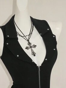 SHEIN ICON Y2K Damen Grunge Goth Schwarzer Sexy Sommer Lässig Gothic Stil Nieten Kragen Reißverschluss Vorne Figurbetonter Jumpsuit - Schwarz - Übersicht 5