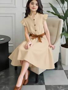 SHEIN Vestido Con Cuello De Volantes Y Cintura Ajustable Para Niña Preadolescente - Albaricoque - Ver 1