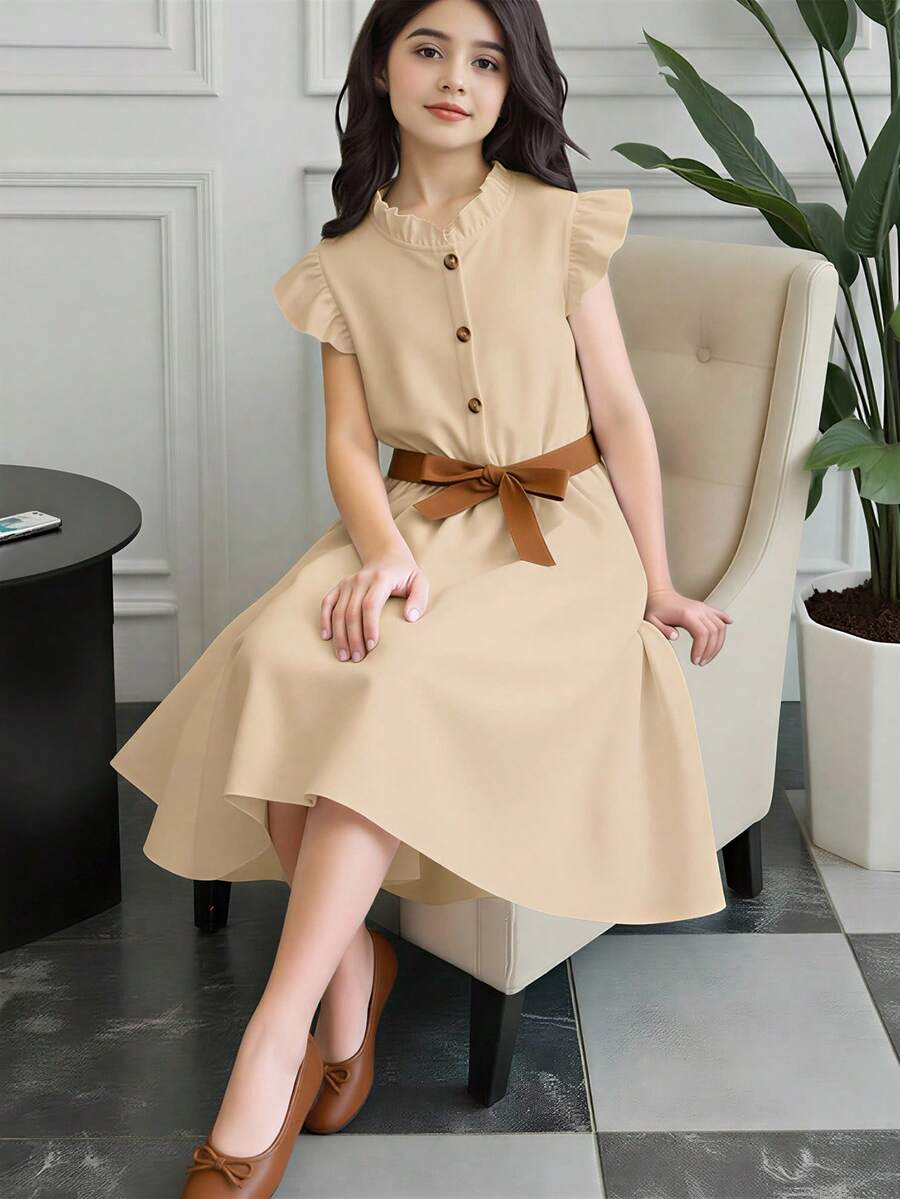 SHEIN Vestido Con Cuello De Volantes Y Cintura Ajustable Para Niña Preadolescente - Albaricoque - Ver 1