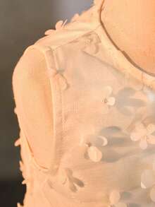 Young Girl Elegant & Cute Floral Mesh Sleeveless Dress - Apricot - View 5