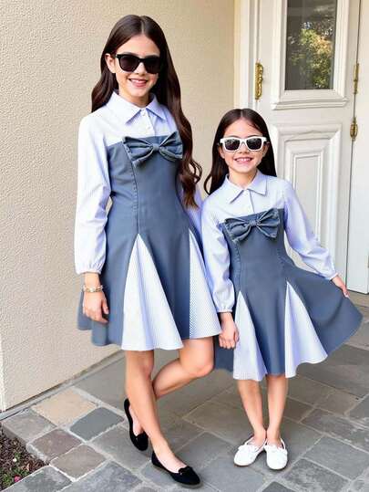 1 件女童休闲条纹领蝴蝶结拼接牛仔长袖连衣裙，适合春秋季日常穿着