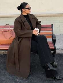 Dazy Plus Plus Size Women Solid Color Thick Wool Blend Tie Waist Long Coat, Autumn/Winter