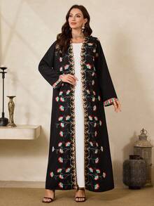 Al Najma Women's Floral Print Long Sleeve Loose Long Arabic Abaya Robe - Black - View 4