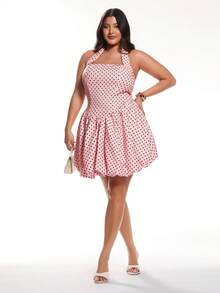 Solavibe Women's Plus Size Polka Dot Print Halter Tie Back Backless Dress,Pastel Pink,Summer,1920s Flapper,70's,Party Vintage Babydoll Skater Tea Party Dress - Pink - View 5