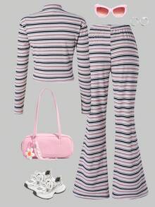 Sparklyn 2pcs Girls Casual Ribbed Fitted Stand Collar Long Sleeve Top And Flared Pants Set, Autumn/Winter - Multicolor - View 4