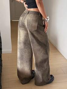 StreetHx 女士休闲街头Y2K风，Y2K复古朋克哥特风金属装饰做旧PU皮裤，秋冬款 - 卡其色 - 查看 2