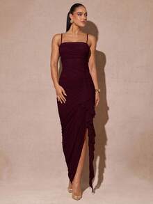 Silquee Elegant Sage Green Romantic Ruffle Sleeve High Slit Dress, Lace Bodycon Party Dress For Women, Suitable For Valentine's Day, Date, Wedding, Prom - Maroon - View 3