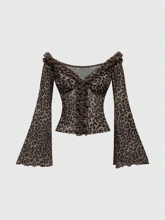 Hippie Top transparent à manches évasées à volants à l'épaule avec imprimé léopard pour femmes