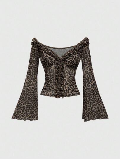 Hippie Vintage Off-Shoulder Volantärmel Rüschensaum Leopardenmuster Transparente Bluse für Frauen