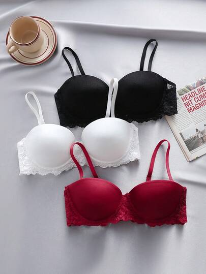 3入組蕾絲拼接鋼圈胸罩