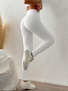 SHEIN EZwear Plus Size Solid Color High Waist Fleece Leggings, Autumn/Winter - White - View 2