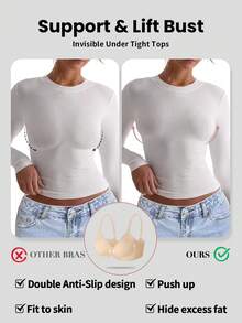 SHEIN 加大码女士柔软支撑无钢圈加垫聚拢文胸 - 香檳色 - 查看 6