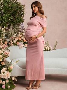 SHEIN 孕妇装 孕妇套装 夏季孕妇装 粉色孕妇套装：无袖不对称肩部上衣，不对称下摆 + 孕妇鱼尾裙。优雅针织提花面料，适合派对和情人节穿着。 - 粉色 - 查看 5