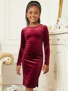 SHEIN Vestido largo de manga larga, ajustado, con hombros descubiertos y abertura, de terciopelo burdeos, elegante para niña preadolescente, adecuado para fiestas y salidas, otoño/invierno - Burdeos - Ver 3