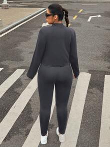 SHEIN EZwear 3pcs Plus Size Dark Grey Vest, Jacket And Elastic Lightweight Yoga Pants Set - Dark Grey - View 2