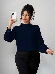 Elenzga Plus Size Solid Color Stand Collar Button Decor Elegant Long Sleeve Shirt - Royal Blue - View 7