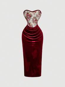 SHEIN MOD Váy dài không dây họa tiết hoa cổ điển màu đỏ Bronte – Đầm dự tiệc cổ điển lãng mạn cho các buổi hẹn hò, tiệc tùng, vũ hội, lễ hội và sinh nhật - Màu Đỏ Sâu - Xem 5