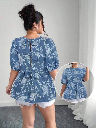 Elenzga Plus Size Crew Neck Butterfly Puff Sleeve Smock Blouse, Stylish Design For Vacation & Photo Shoot, Mid-Sleeve