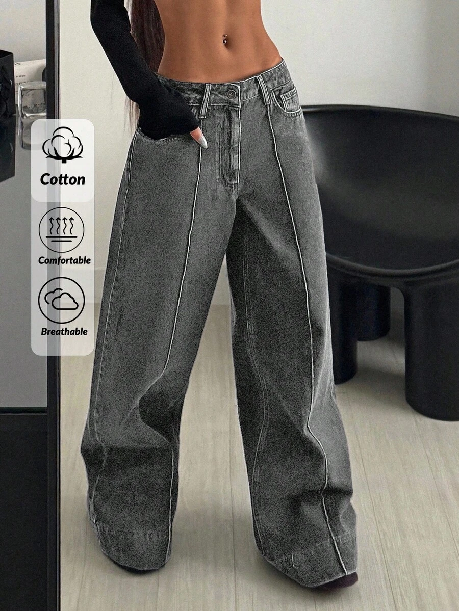 CasuGlow WOMAN LOW WAIST SLANT POCKET CASUAL COLORBLOCK WIDE LEG CASUAL JEANS - Grey - View 1