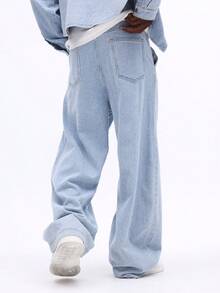 SUMWON 阔腿牛仔裤，卷边裤脚，侧边口袋，经典宽松版型，全长休闲日常下装，纯色 - 藍色 - 查看 2