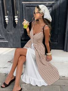 Serisse Women's Plaid Casual Single-Breasted Strap Mid-Length Dress,Long Dress With Faux Two-Piece Design,French Retro Plaid Patchwork Suspender Dress,V-Neck Tie Design,Front Slit Irregular Hem Slimming Long Dress,Beach Dress ,Vacation Dress,Summer Holiday Outfits ,Spring To Summer - Apricot - View 6