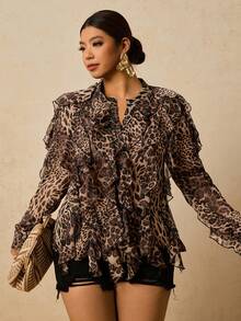 Travachic 大码女式雪纺豹纹长袖衬衫，豹纹荷叶边下摆衬衫，动物纹上衣，猎豹纹衬衫，不对称衬衫，冬季女装，沙滩装，度假装，休闲装，派对上衣，优雅 - 卡其色 - 查看 5