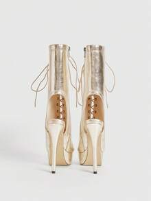 CUCCOO LuxiPop Cizme de damă cu toc înalt și fermoar lateral, cu textură metalică și talpă groasă, la modă, până la jumătatea gambei - Aur - Vizualizare 5