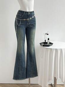 Elamini 时尚复古铆钉水洗喇叭牛仔裤 - 深色水洗藍 - 查看 1