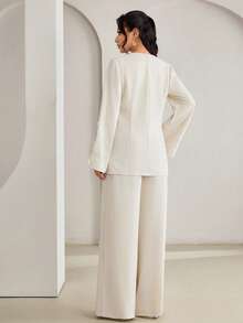 Veilorie 女士V领贴花腰带设计喇叭袖上衣搭配松紧腰阔腿裤休闲通勤套装 - 卡其色 - 查看 3