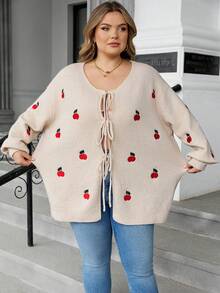 SHEIN CURVE+ 大码女式棕色蝴蝶结领开襟针织衫，舒适百搭，适合日常穿着、通勤，秋冬季/2026/新年款 - 棕色 - 查看 6