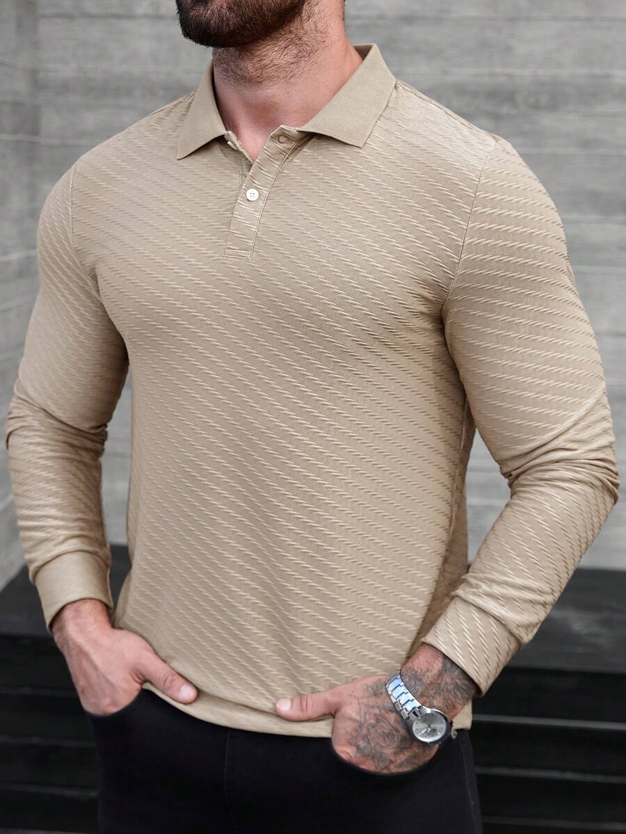 Manfinity CasualCool Men's Long Sleeve Textured Polo Shirt,Khaki,Autumn,Smart Casual,Hiking,Knitted Casual Tops,Old Money Style For Office,Outdoor & Semi-Formal Occasions - Khaki - View 1