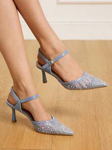 CUCCOO HITCHD Women's Pointed Toe High Heel Lace Rhinestone Elegant Party Evening Wedding Pumps Spring Shoes Spring Break Easter Prom Heels For Christmas - Baby Blue - View 2
