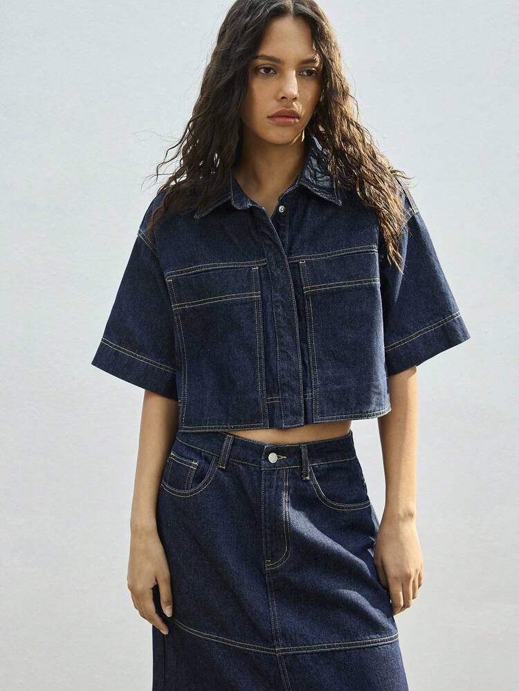 SHEIN Maija Top en jean bleu foncé pour femmes, chemise en jean à manches courtes, Top d'été, style décontracté preppy